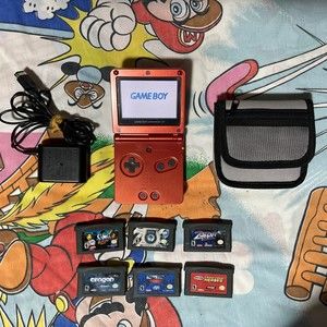 Nintendo Gameboy Advance SP Flame Red AGS-001 w/ Charger, 6 Games And Case